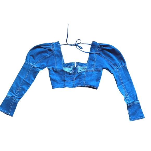 Blue Denim Puff Sleeve Corset Crop Top Front Zip Long Sleeve Milkmaid Coquette - Picture 7 of 7